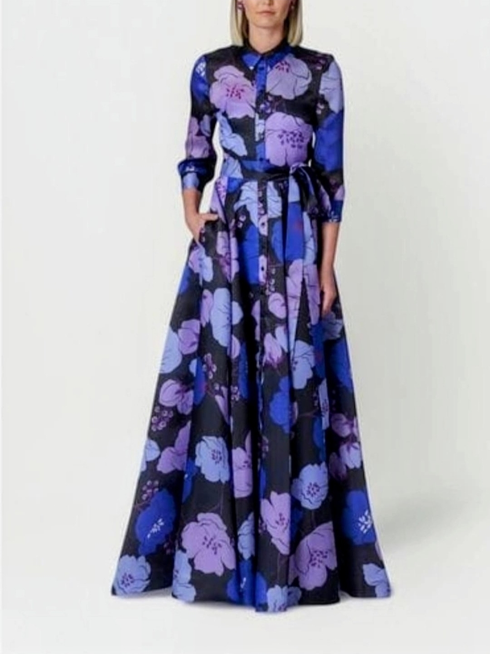 Carolina Herrera Purple and Blue Floral Maxi Shirt Dress/ Gown Size 8 NWT luxury